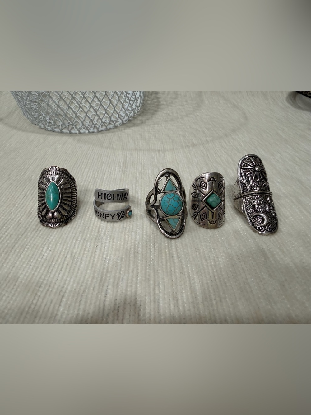 Turquoise Accent Silver Boho Statement Ring - Women Jewelry